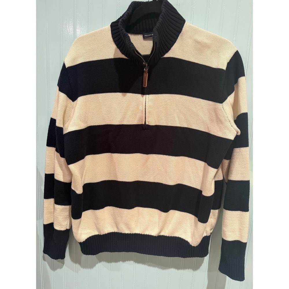 Rugby Brandy Melville Brianna Striped Quarter Zip Sweater Navy Cream Cotton‎ M-L
